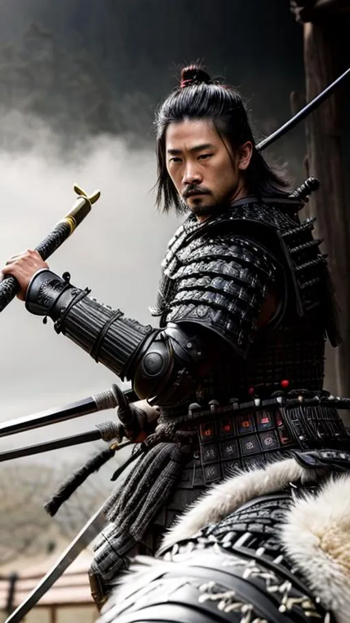 Prompt: Intricately detailed Samurai in Dark grey and Black Colored Samurai Armor, Ronin, Photorealistic, Film Quality, Filmic, Hyperrealistic, Hyperdetailed, Japanese Aesthetic, Beautiful Sword Detail, Striking eyes, Inspired by a young Hiroyuki Sanada, dynamic lighting, Striking, Action pose, Movie Quality