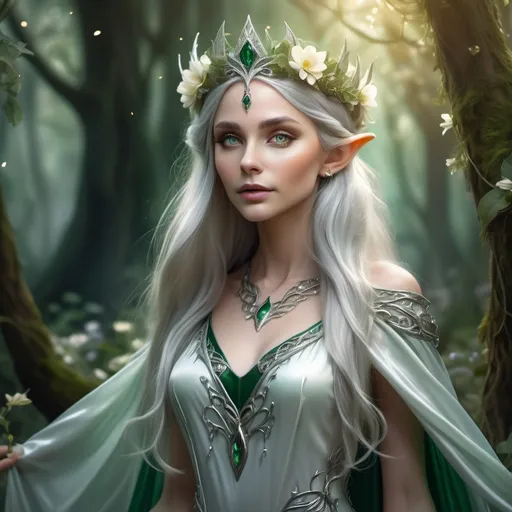 Prompt: Adult slim female elf royalty, graceful posture, ethereal elegance, adorned in intricate silver and emerald robes, wearing a delicate crown, long flowing hair adorned with flowers, serene expression, surrounded by enchanted forest backdrop, magical soft lighting highlighting her features, enchanting atmosphere, mystical aura, ultra-detailed, high quality.