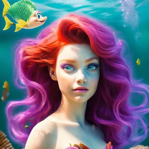 Prompt: professional photo disney little mermaid as live action human woman hd hyper realistic beautiful red hair light skin beautiful face purple shell top green mermaid tail
underwater coral hd background with live action realistic fish