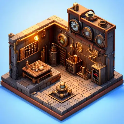 Prompt: cute isometric steampunk forge and anvil in middle, cutaway box, fantasy, highly detailed, made with blender --v 4