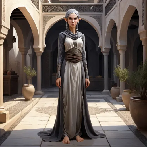 Prompt: Full body, Fantasy illustration of a female elven maid, 20 years old, skinny, very short hair, dark Grey djellaba, stoic expression, high quality, rpg-fantasy, detailed, in a Arabian style courtyard