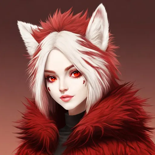 Prompt: remove the fur coat and replace the skin in the face with dark red fur