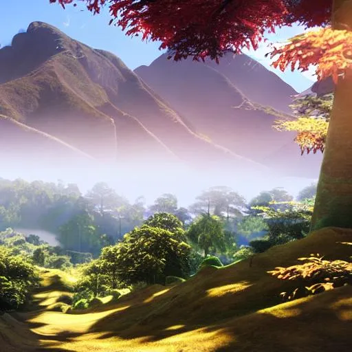 Prompt: Hyper realistic image of forest valley, anime, warm feeling, sunny day, samurai temples, misty forest setting, mountains in back ground, 8k, hyper realistic, unreal engine 5 