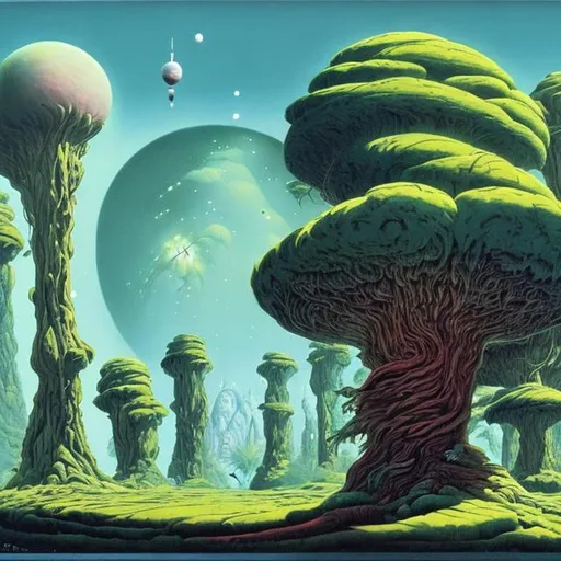 Prompt: starscape with  giant fir trees with a cat and a deserted spacestation in the form of roger dean art