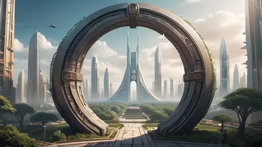 Prompt: small circular portal in the distance, magical portal between cities realms worlds kingdoms, ring standing on edge, upright ring, freestanding ring, hieroglyphs on ring, complete ring, obelisks, gardens, hotels, office buildings, shopping malls, futuristic towers, large wide-open city plaza, panoramic view, futuristic cyberpunk dystopian setting