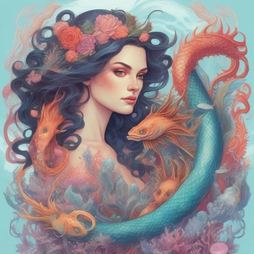 Prompt: A colourful and beautiful Persephone, with brunette hair and her hair being made out of magic and tentacles, with scales on her skin, with a sea-dragon and fish underwater in a painted style surrounded by pearl and coral