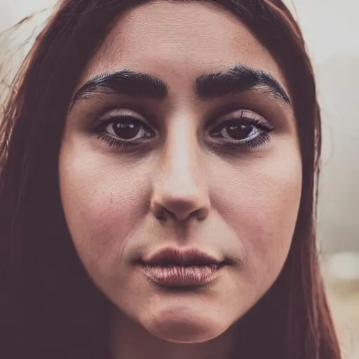 Prompt: photo realistic portrait of {Mediterranean woman}, black long hair, brown eyes, thick eyebrows, centered in frame, facing camera, symmetrical face, ideal human, 85mm lens,f8, photography, ultra details, natural light, light background