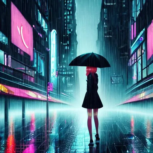 Girl In A Futuristic City At Night Raining Openart