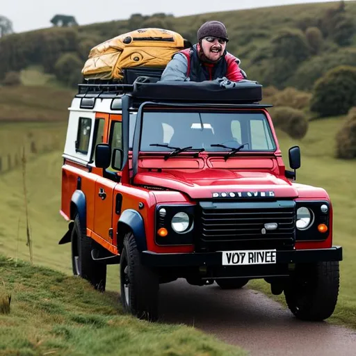 Prompt: Tom Syndicate as postman pat driving his land-rover defender
