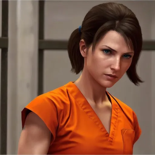 Prompt: jill valentine in prison wearing orange scrubs prison uniform