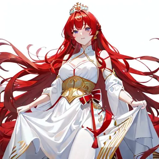 Prompt: Haley as a horse girl with bright red side-swept hair, crying, wearing a white and gold blood-stained royal slim dress, wearing a crown, holding a dagger. 