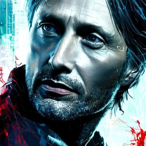 Prompt: professional portrait of Mads Mikkelsen , abstract beauty, approaching perfection, delicate face, dynamic, moonlight, highly detailed, digital painting, artstation, concept art, smooth, sharp focus, illustration, art by Carne Griffiths and Wadim Kashin, Guillermo del toro, with Neuromancer influences, cyberpunk, gotic 8k, highly detailed, cinematic lights.