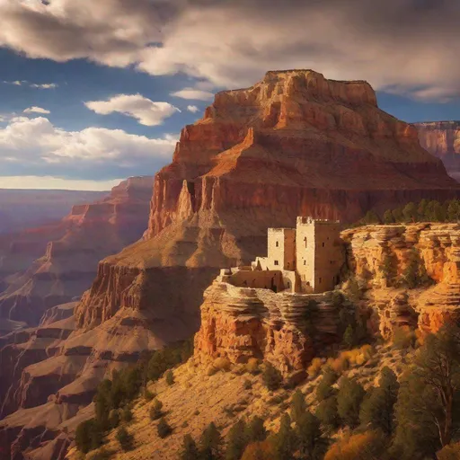 Prompt: an isolated castle built into the cliff face of the Grand Canyon. peaceful, natural lighting, bright, beautiful, fairy tale.