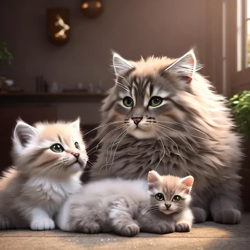 Prompt:  realistic fluffy very cute and eyes calm lighting, highly detailed, fluffy, adorable, beautiful, soft dramatic lighting, light shafts, radiant, ultra high quality render, realistic background, full body mama cat with baby kittens nursing and paws spanking