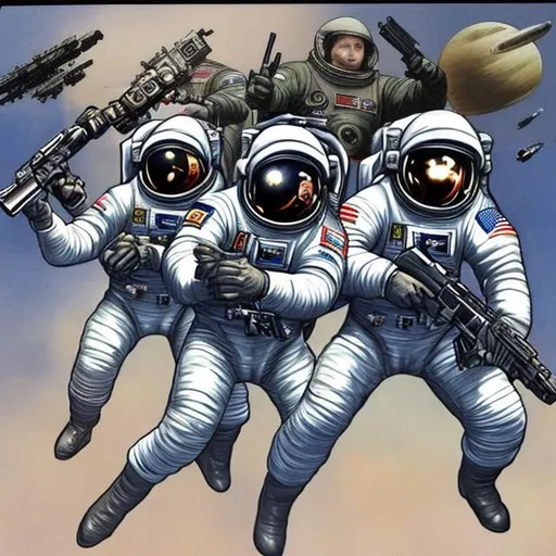 Prompt: Russian astronauts fighting American astronauts in space with guns