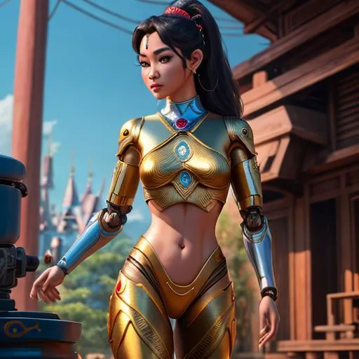 Prompt: Next Disney princess is a thai cyborg,fit human torso, robot limbs, Disney animation, high quality painting, 8k, uhd