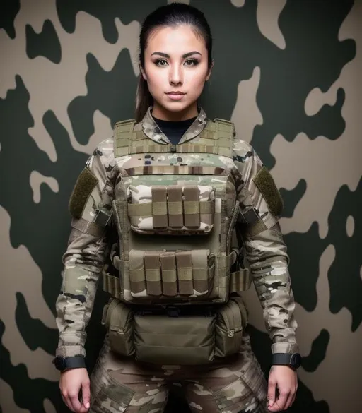 Prompt: a 50mp high quality, extremely detailed and sharp photograph of young woman tactical gear model posing a branded camouflage palette against a weapons arsenal backdrop, loop lighting, 85mm lens 8.0 aperture ISO 50, 1/125