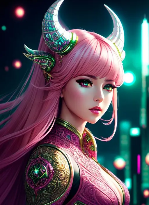 Prompt: hyperdetailed intricate elaborate beautiful girl, with smooth pink hair, two little red demon horns,

hyperdetailed clothes,

hyperdetailed futuristic city, white buildings, green plants, cosmic mist,

cinematic lighting,  colorful glamorous sunshine, windy, sunny,

album cover art, 128K resolution,