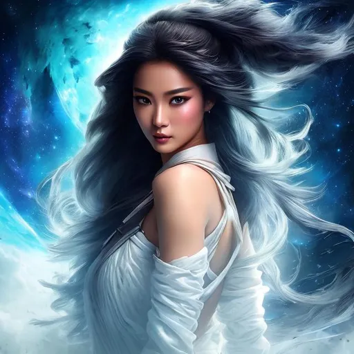 Prompt: create best quality photograph of beautiful female ninja who is wearing white,  night time and beautiful sky  space and planets an nebulae in sky highly detailed, detailed face, extremely detailed environment, extremely detailed background, extremely detailed skin, extremely detailed clothing, natural colors , professionally color graded, photorealism, 8k, realistic, moody lighting, galactic environment, volumetric lighting