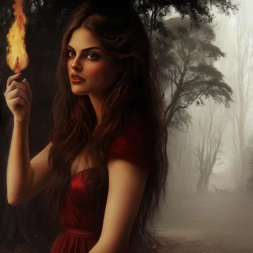 Prompt: witch casting fire magic, background with sinister big trees, red silk wizard robes, style of "Luis Royo", beautiful face, Phoebe Tonkin, Alexandra Daddario, Ariana Grande, Natalie Portman, Nicole Kidman, ,  oil painting, very detailed, very big eyes, high quality, female elf wizard queen, background is inside old ruined temple with chandeliers, sultry,  clear visible face,  dark fantasy, 