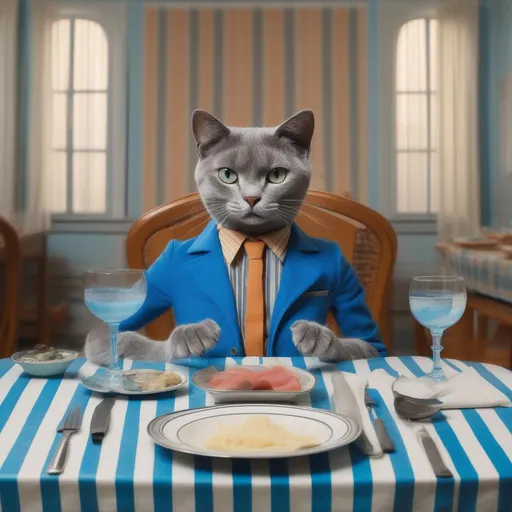 Prompt: A grey cat with blue stripes posing at a dinner table with knife and fork Wes Anderson style