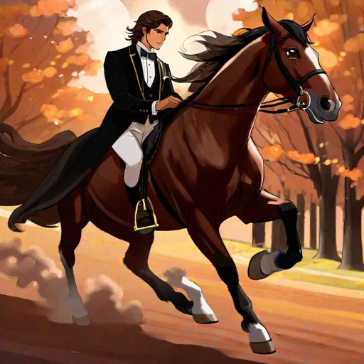 Prompt: Caleb  as a demon horse hybrid (brown hair) (brown eyes) wearing a tuxedo, full body, riding a horse