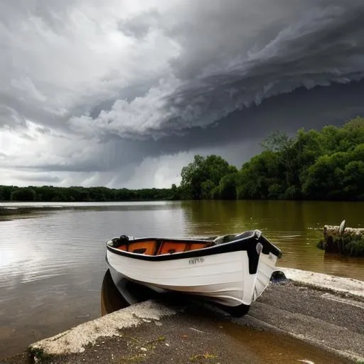 Prompt: a small boat sitting at the water's edge of a river with storm clouds in the distance