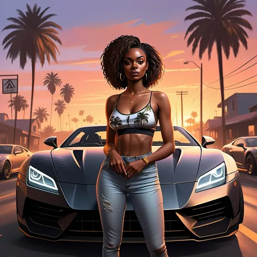 Prompt: 4k , high resolution , detailed , gta style ,dark colors , digital painting , palm tree ,sunset ,light ,road , sports car  ,outdoor , dramatic atmosphere  , a black woman in the street , , mirrored lens ,  low angle shot  , close up , spades card game