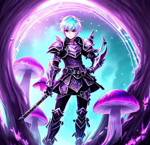 Prompt: (1 boy), ((Mushroom with sharp teeth)), ((lavender)), ((pure white skin)), ((wearing shiny cyan diamond knight armor)), highly detailed, consistent drawing, (eviscerated),(thigh up), (horror anime style), zombie, ((covered in blood)), fungus, digital painting, skinny, stitches 