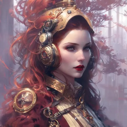 Prompt: Professional painting of a beautiful steampunk pale ginger woman, bright ginger hair, hot red lips,  by Jeremy Mann, Rutkowski, and other Artstation illustrators, intricate details, face, full body portrait, headshot, illustration, UHD, 4K
