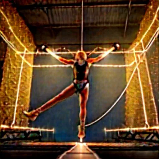 Prompt: A female tight rope walker balancing on a rope 100 feet above the ground, holding a long pole in her hands, sequin clothes, spotlights, Photorealistic, dramatic 