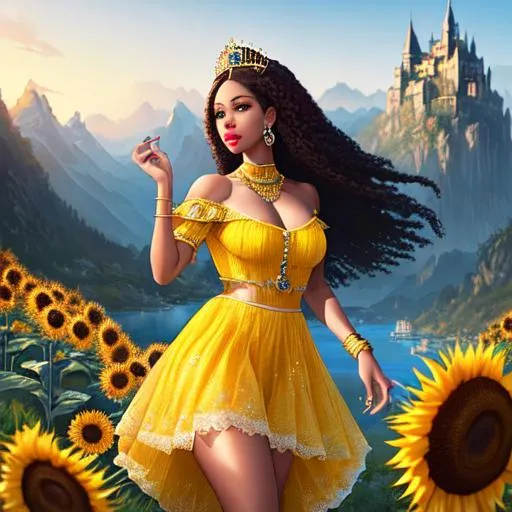 Prompt: Cardi. B, Hyper realistic, detailed face,battlefield ethereal  yellow  lace royal princess short skirt dress, floating city in background, jewelry set, straight super long hair, sunflowers and mountains  in the background, royal vibe, highly detailed, digital painting, HD quality, brown skin, artgerm, by Ilya Kuvshinov 