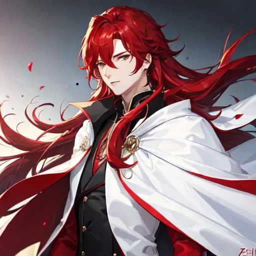 Prompt: Zerif 1male (Red side-swept hair covering his right eye) wearing a black royal suit, white cape, 