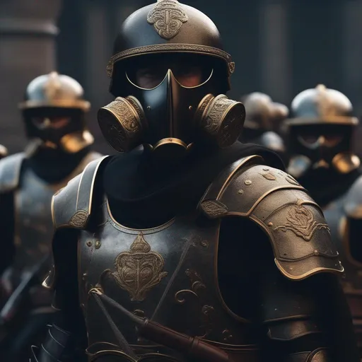 Prompt: Several modern roman military male in black military armor galea helmet of roman armor, with a gunfire and gas mask, marching, Hyperrealistic, sharp focus, Professional, UHD, HDR, 8K, Render, electronic, nervous vibe, loud, tension, dark, Epic