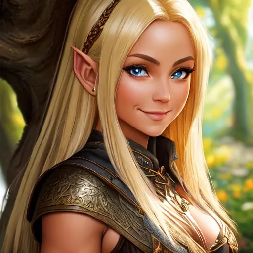 Prompt: oil painting, D&D fantasy, hobbit girl, tanned-skinned-female, beautiful, short bright dirty blonde hair, straight hair, smiling, pointed ears, looking at the viewer, adventurer wearing intricate leather amor, #3238, UHD, hd , 8k eyes, detailed face, big anime dreamy eyes, 8k eyes, intricate details, insanely detailed, masterpiece, cinematic lighting, 8k, complementary colors, golden ratio, octane render, volumetric lighting, unreal 5, artwork, concept art, cover, top model, light on hair colorful glamourous hyperdetailed medieval city background, intricate hyperdetailed breathtaking colorful glamorous scenic view landscape, ultra-fine details, hyper-focused, deep colors, dramatic lighting, ambient lighting god rays, flowers, garden | by sakimi chan, artgerm, wlop, pixiv, tumblr, instagram, deviantart