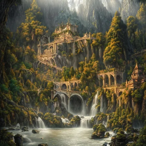 Hyperrealistic painting of Rivendell, daytime, sombe...