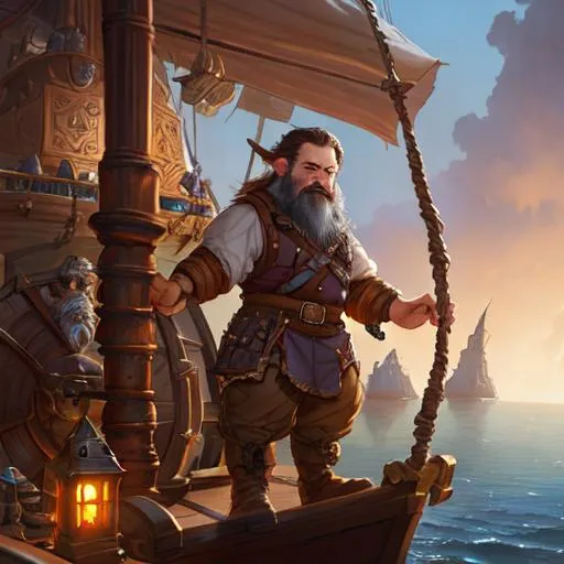 Prompt: dnd dwarf aboard ship, captain  matte painting, fantasy, high detail, digital art, by justin gerard and greg rutkowski