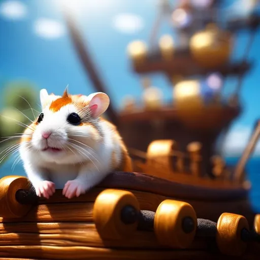 Prompt: A pirate hamster on his pirate ship,  highly detailed, professional, render, Sharp focus, HD, UHD, HDR, hyperrealistic