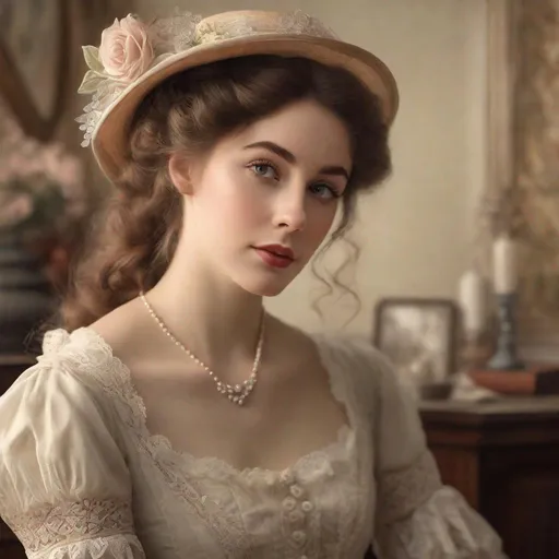 Prompt: Make a realistic image of a beautiful victorian era woman at home