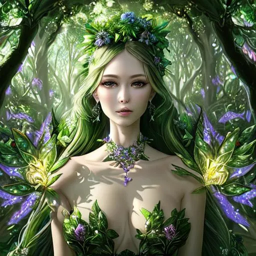 Prompt: ((Breathtaking high quality)) ((photorealistic digital art portrait)) of an elegant beautiful woman, in an elegant standing pose, a fusion of ((floral)) and ((diamond)) elements, wandering through an enchanted forest of mildly bioluminescent trees and plants in the background. This beautiful woman, with a body covered in lush foliage and detailed artistic flowers, has crimson attractive eyes with self confidence. It explores the surreal landscape, a realm where nature and technology coexist harmoniously. Delicate flowers intertwined with polished metal vines form a fascinating, intricate pattern on the creature's skin, dark background, Hyper detailed, Artstation, UHD 4k wallpaper, by Roger Dean, Josephine Wall, H.R. Giger, and Daniel Lieske, Pinterest model portrait.