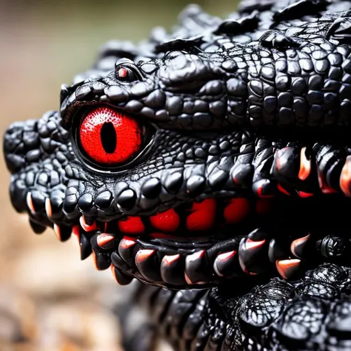 Prompt: Black crocodile red eyes