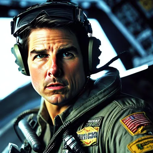 Prompt: maverick with a thick mustache played by tom cruise with a thick mustache in an fighter cockpit.
