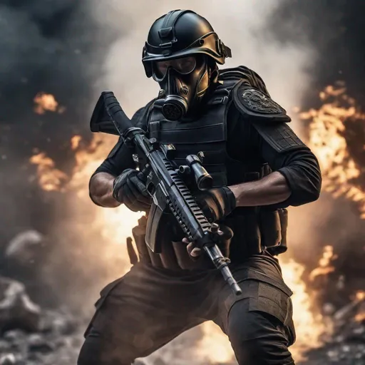 Prompt:  A modern roman military male in black military roman armor, and gas mask, violent, shooting guns, sharp focus, Professional, UHD, HDR, 8K,  Render, electronic, nervous vibe, loud, tension, dark, Epic