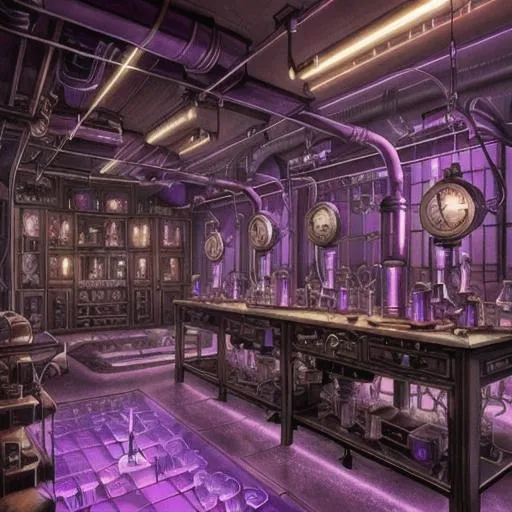 Prompt: A steampunk-style scientific laboratory with vials of purple liquid and bathed in candlelight.