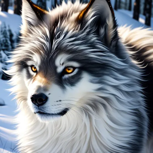 Prompt: (full body, professional oil painting, epic digital art, intricately detailed, best quality:1.5), insanely beautiful epic (silver furred direwolf), glistening {warm amber eyes}, thick frosted (silver fur), bold black fur markings, gold magic fur highlights, 8k expressive intense eyes, thick soft ethereal 8k fur, wispy fur, wispy hair, detailed face, intricate details, blue frost on forehead, gold crystals on crest, epic sunset palace, game of thrones, magnificent architecture, intricately detailed, masterpiece, symmetric, perfect composition, cinematic lighting, soft lighting, studio light, ambient gold light, 8k, complementary colors, golden ratio, high octane render, volumetric lighting, depth, realistic, highly detailed shading, unreal 5, timid, ethereal, enchanted mountain palace, snow falling, gold light columns, artstation, top model, sunlight on fur, intricate hyper detailed breathtaking colorful glamorous scenic view landscape, Yuino Chiri, Kentaro Miura, ultra-fine details, hyper-focused, deep colors, dramatic, blizzard, medium full body, intricate detail, high quality, high detail, masterpiece, intricate facial detail, high quality, detailed face, intricate quality, intricate eye detail, highly detailed, high resolution scan, intricate detailed, highly detailed face, very detailed, high resolution