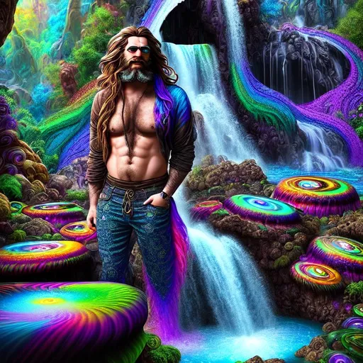 Prompt: Psychedelic, swirl, Happy, Dark, cinematic lighting, 3D, HD, [{Rugged Handsome!}bearded Hippie, Beautiful big eyes], expansive magical waterfall background, hyper realistic, uber detailed, 64k, high quality, sharp focus, intricate details, highly detailed --s98500
