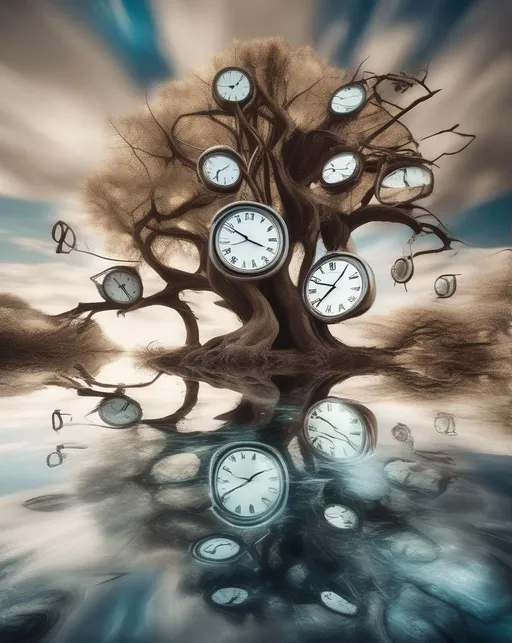 Prompt: A surreal scene featuring melting clocks draped over tree branches, surrounded by floating abstract elements in a dreamlike landscape. Shot with a wide-angle lens to capture the vastness of the surreal world.