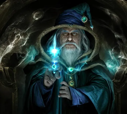 Prompt: Mystical wizard, piercing gaze, holding orb of power