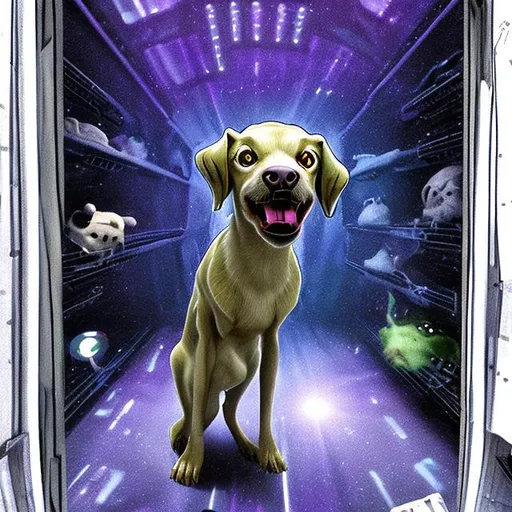 Alien dog inside of a space closet