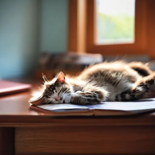 Prompt: The cat sleeping on the study table
